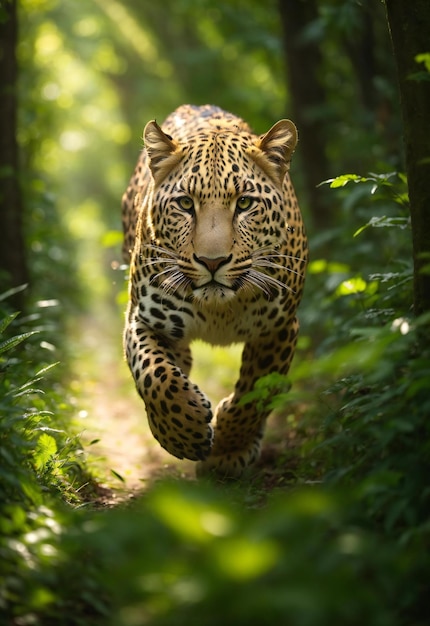 Leopard in the forest by person