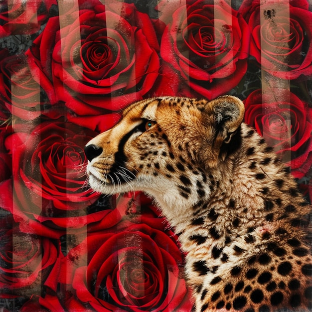 leopard in front of a background of roses with a red rose generative ai