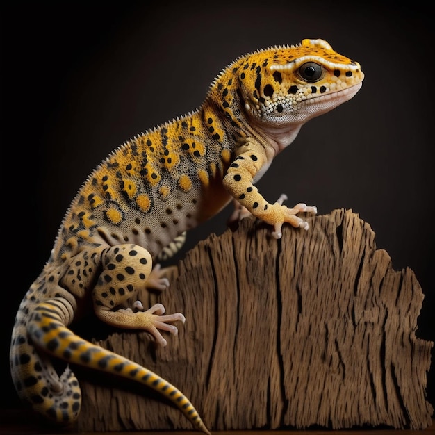 A leopard gecko sits on a log with a dark background.