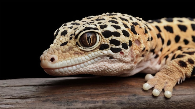 Leopard geckol closeup head on wood with black background leopard gecko lookong for prey