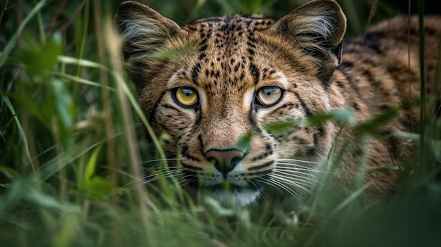 草の中のカメラを見つめるヒョウ