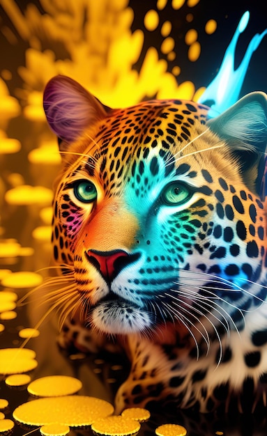A leopard head with a yellow background and a leopard on it