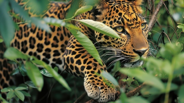 Foto un leopardo in alta risoluzione che presenta una foto da carta da parati con estrema chiarezza e dettaglio che mostra i modelli intricati del suo mantello e l'intensità del suo sguardo