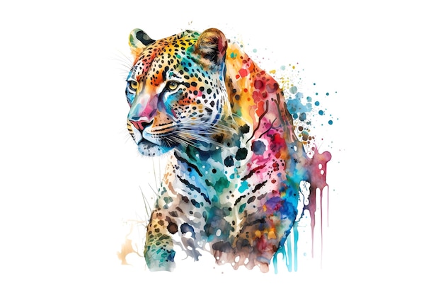 Leopard is drawn with multicolored watercolors isolated on a white background Generated by AI