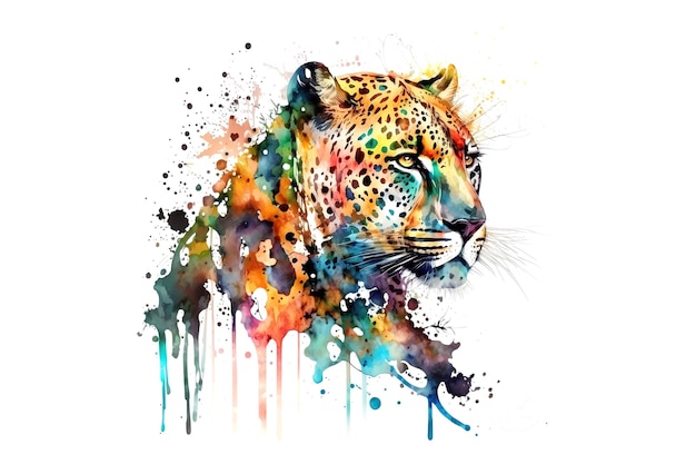 Leopard is getekend met veelkleurige aquarellen geïsoleerd op een witte achtergrond Gegenereerd door AI