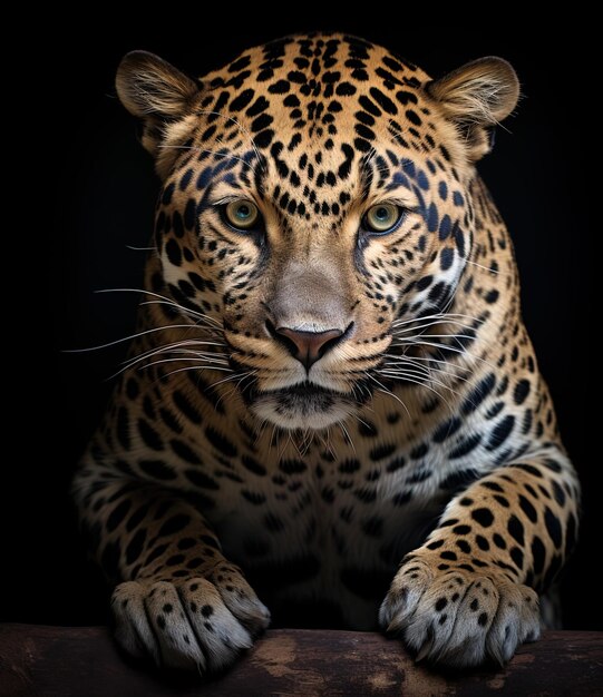 a leopard is laying on a table with a black background