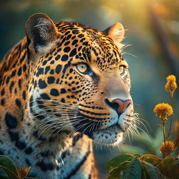 a leopard is looking at the camera in front of some flowers