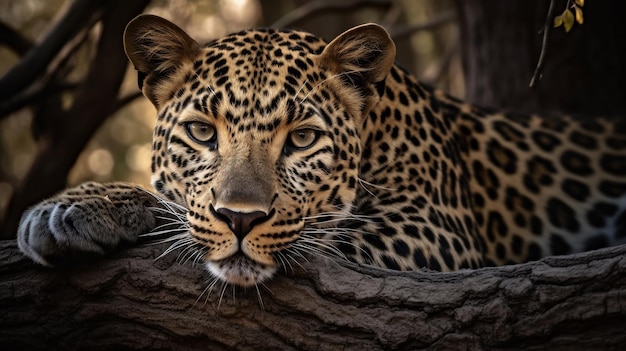 A leopard is looking over a tree branch.