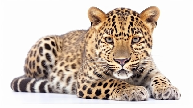 A leopard is lying on a white background