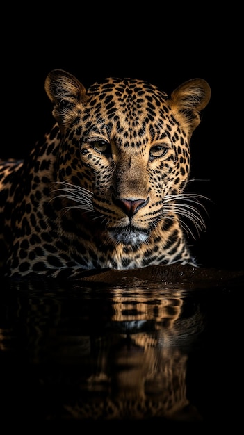 Леопард отражается в воде.