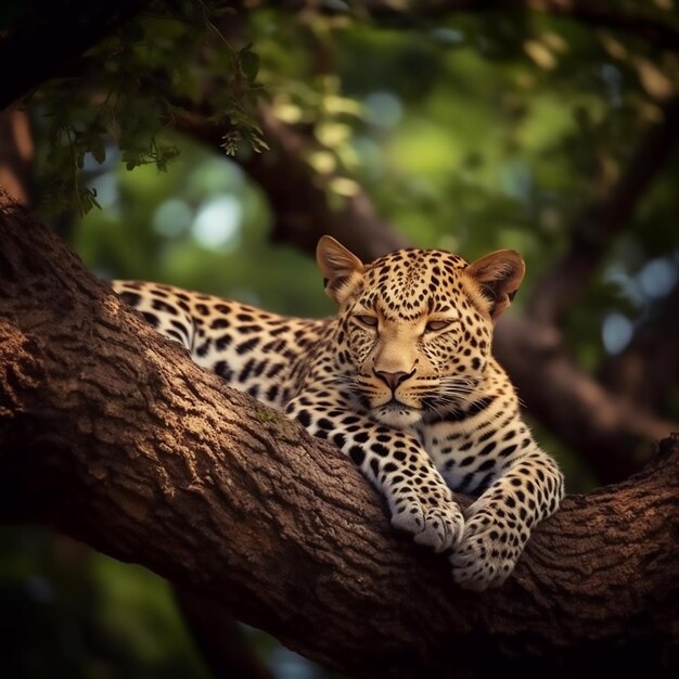 Leopard is resting on tree