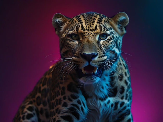 Photo a leopard is shown with a purple background and the word leopard on the bottom