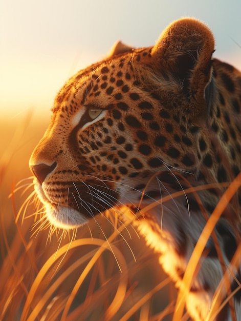 Леопард сидит в траве на закате