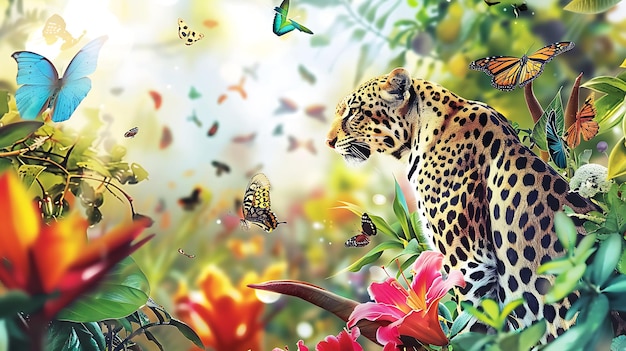 Photo a leopard is surrounded by butterflies and flowers