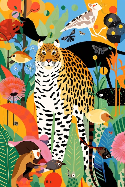 a leopard is surrounded by flowers and plants