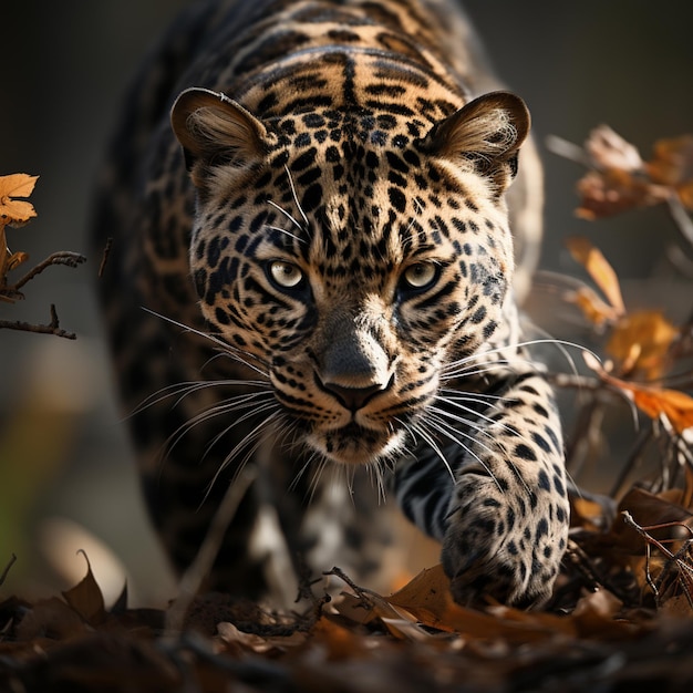 A leopard is walking through the leaves and is looking at the camera