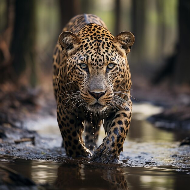 a leopard is walking through a muddy puddle