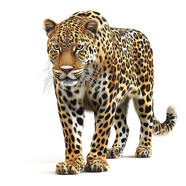 a leopard is walking on a white background with a black and brown leopard