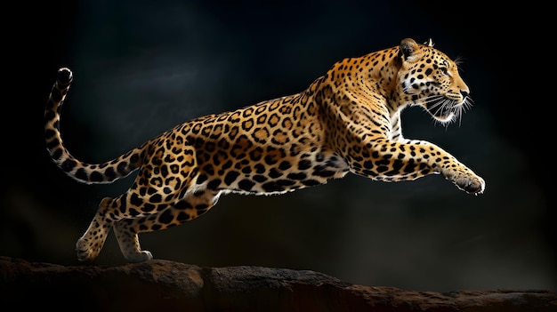 A leopard jumping over a rock