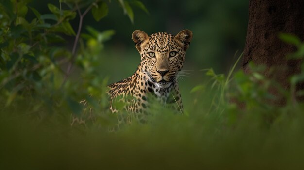 A leopard in the jungle is seen in the evening