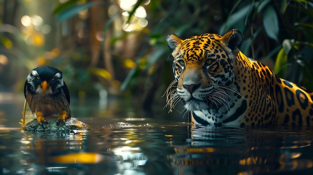 Photo a leopard in the lake in the forest