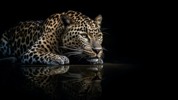 A leopard lies on the surface of a lake and drinking water generative AI