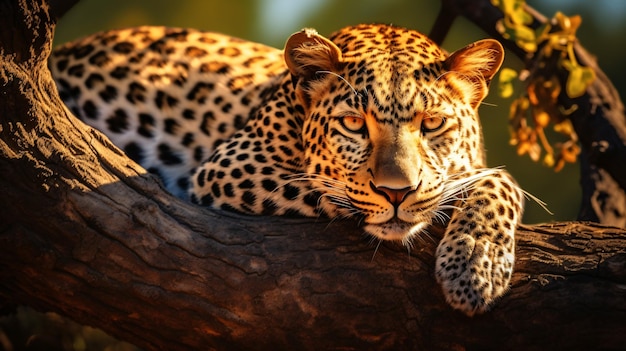 The leopard lies on a tree