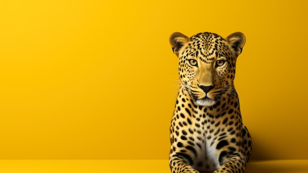 Leopard looking at camera with yellow background and copy space on left