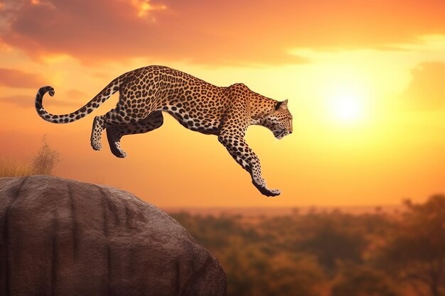 Leopard op de jacht in een sprong op de dag van Afrika in de natuur tegen de achtergrond van de opkomende zon