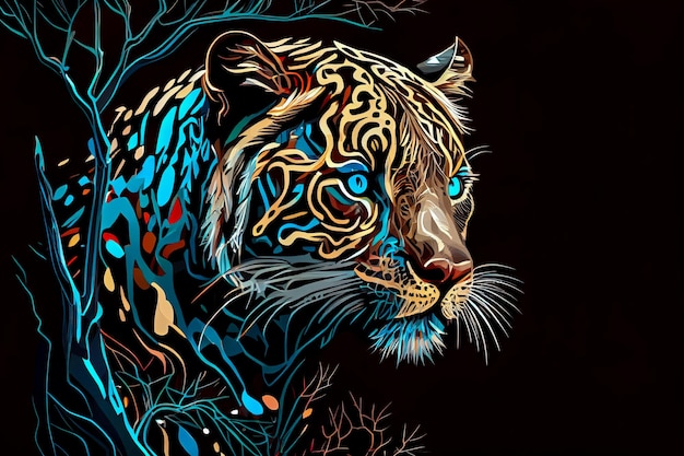 Leopard peeks out of the dark stealth concept art illustration Generative AI