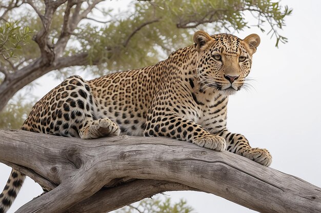 Photo leopard perching from acacia tree branch against white sky wildlife safari in the etosha national park main