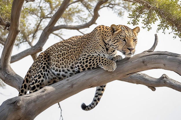 Photo leopard perching from acacia tree branch against white sky wildlife safari in the etosha national park main