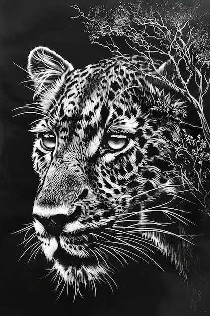 Photo leopard portrait black and white with african trees and sunlight