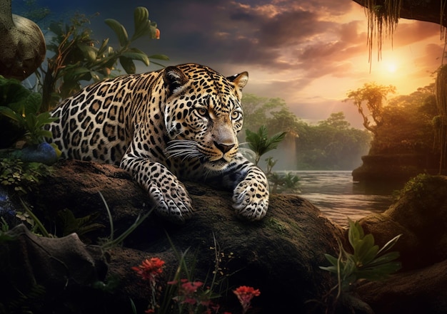 ジャングルの岩の上に休んでいるヒョウと背景に夕日が描かれています