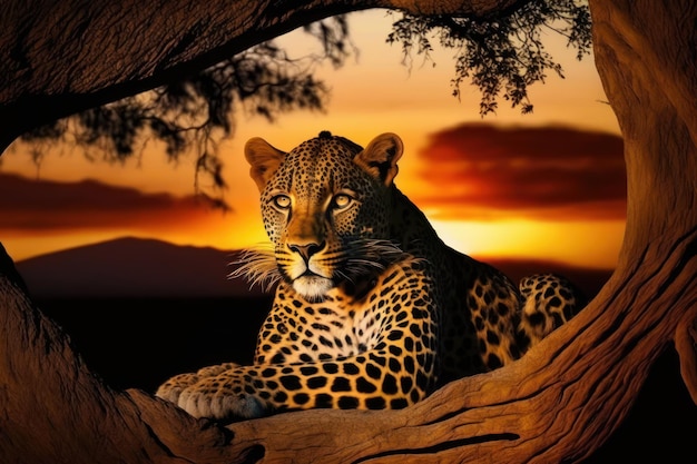 Leopard resting in a tree in the African savannah Created with generative AI technology