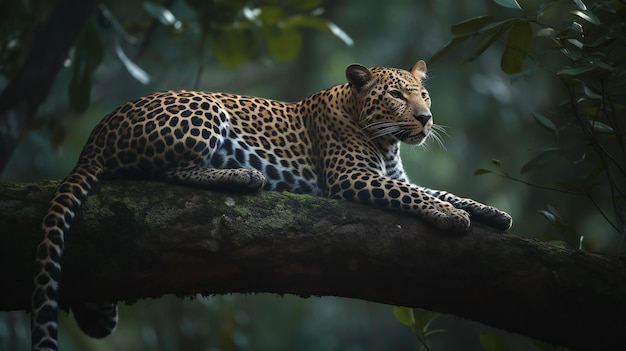 A leopard resting on a tree branch in the forest