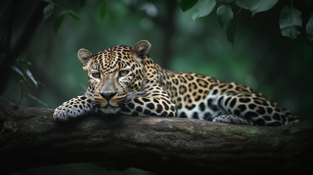 A leopard resting on a tree branch in the jungle