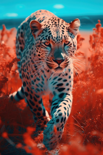 leopard run on the grassland