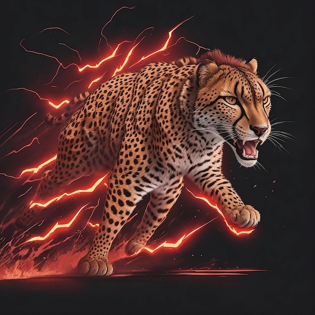 a leopard running with a red background with lightning bolts generate by AI