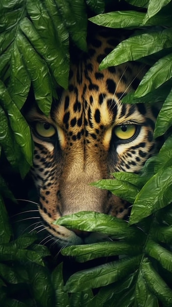 A leopard's face is peeking through the leaves.