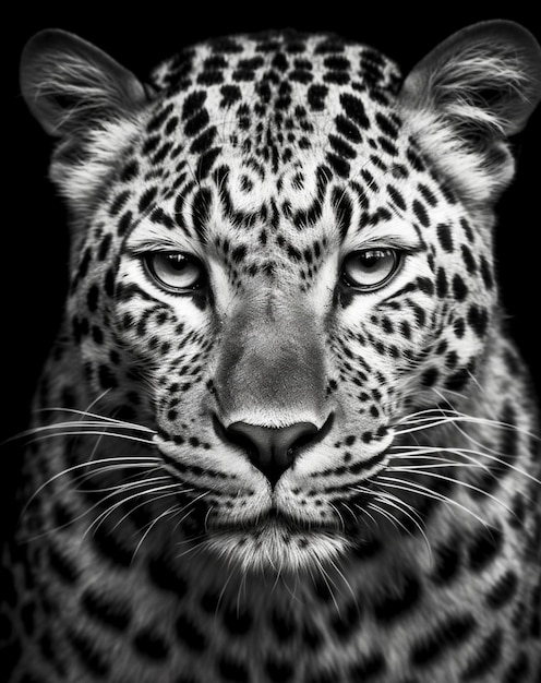 A leopard's face is shown against a black background.