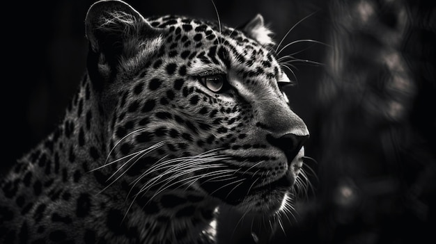 A leopard's face is shown in black and white.