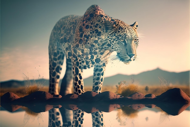 Leopard in savannah double exposure with african forest background