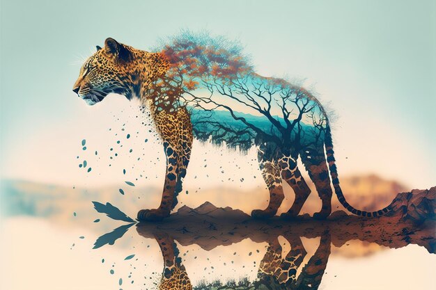 Photo leopard in savannah double exposure with african forest background