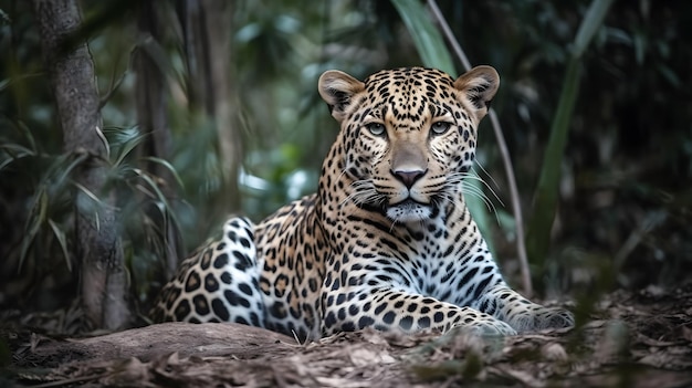 A leopard sits on a log in the jungle.