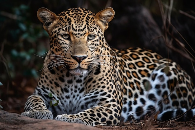 A leopard sits on a rock in the jungle.