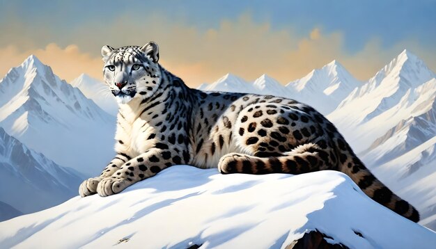 a leopard sits on a snowy mountain with the sun behind it