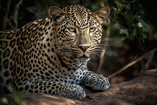 A leopard sits on a tree branch in the jungle.