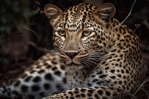 A leopard sits in a tree in the bush.