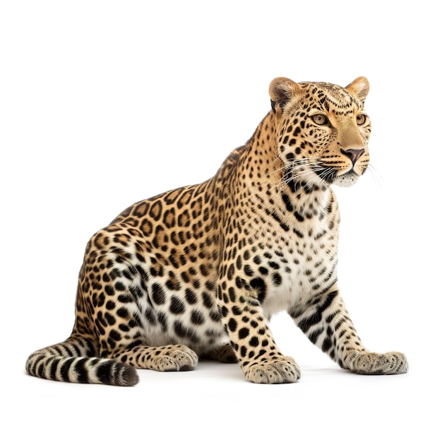 A leopard sits on a white background with a white background.